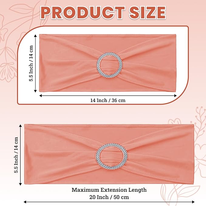 MDS Pack of 75 Spandex Chair Sashes Bow Premium Stretch Chair Cover Band with Buckle Slider Universal fits Elastic Dining Chair Ties for Wedding Party Banquet Events Decoration - Coral Peach
