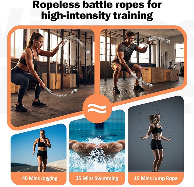 Adjustable Ropeless Battle Ropes,Portable Cordless Battle Ropes for Home Gym,Workout Exercise Ropes for HIIT,Strength Training & Full-Body Cardio for Men & Women (Gray, 1.45 lb)