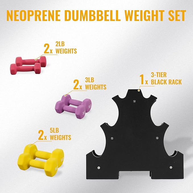 Fitvids Neoprene Coated Dumbbell Set with Rack, Free Hand Weight Set For Home Gym Workout, Anti-Slip, Anti-roll, 20LBS, 32LBS, 50LBS and 56LBS Sets, Multiple Weight Options