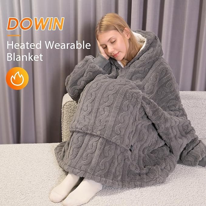 Heated Wearable Blanket Battery Powered, Come with 5000mAh Portable Rechargeable Charger, USB Fannel Sherpa Oversized Hoodie Sweatshirt, Machine Washable, Grey