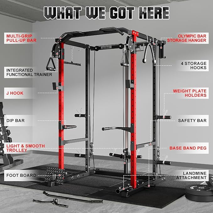 R1-V4 Power Cage Rack, 2000LB Squat Rack with Cable Crossover System, Multi-Function Weight Cage, Home Gym Workout Machine with More Training Attachments