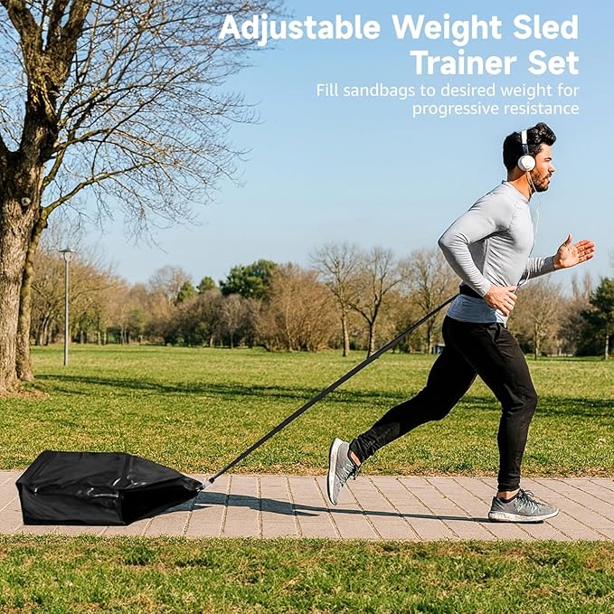Adjustable Sled Pulling Belt Weight Sled Trainer, Sandbag Sled Trainer Resistance Sled Trainer with 3 Weight Sandbags & Waist Belt, Speed Training for Strength, Agility, Explosive Power (B)