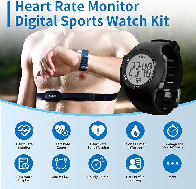 EZON Heart Rate Monitor Chest Strap and Digital Watch T037,5ATM Waterproof Fitness Tracker with HRM,Calories Burned,Stopwatch and Hourly Chime (Watch Band Included)
