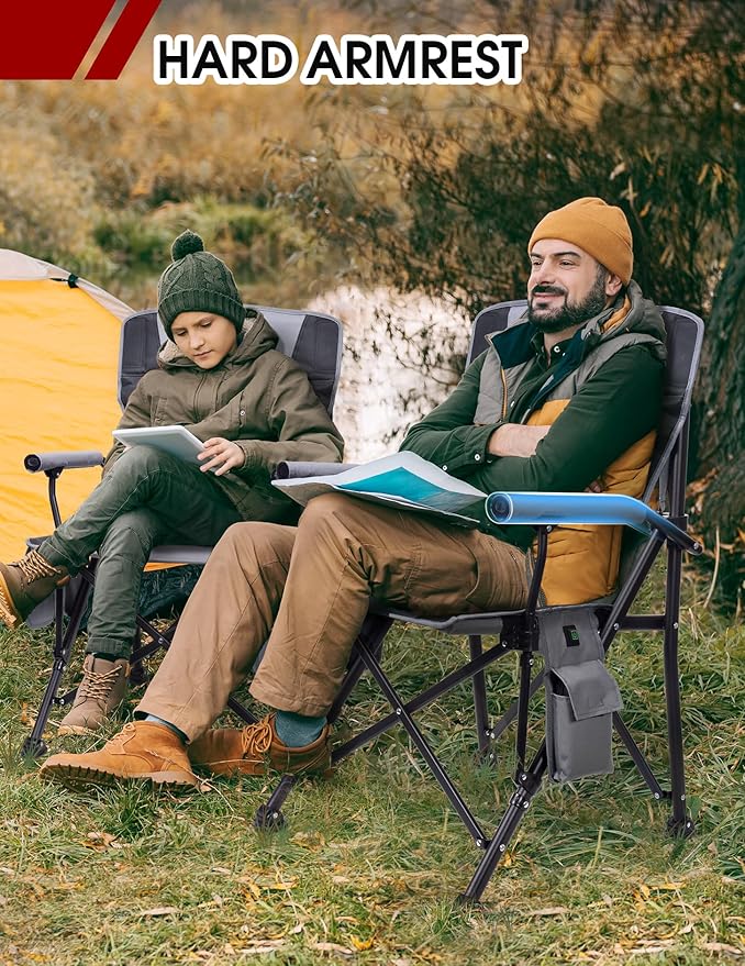 Docusvect Heated Camping Chair for Adults, Heats Back and Seat, 3 Heat Levels, Fully Padded Heated Folding Chair for Outdoor Sports with Cup Holder, Rich Pockets, Battery NOT Included