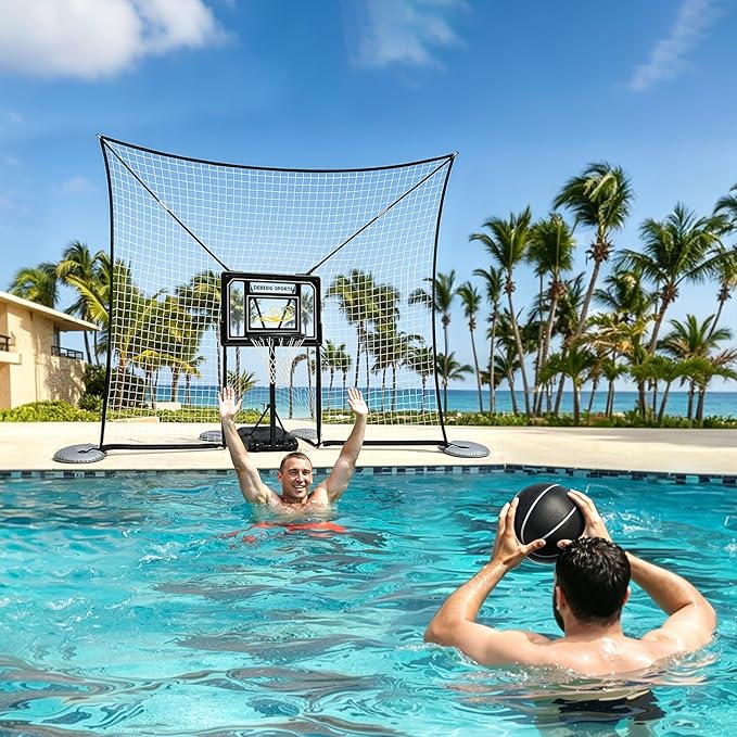 Deberg Pool Basketball Hoop with 10x8 FT Ball Backstop Height Adjustable Poolside Basketball Goal Set with Fillable Base, Includes Ball & Pump | Rust-Resistant | Easy Setup |