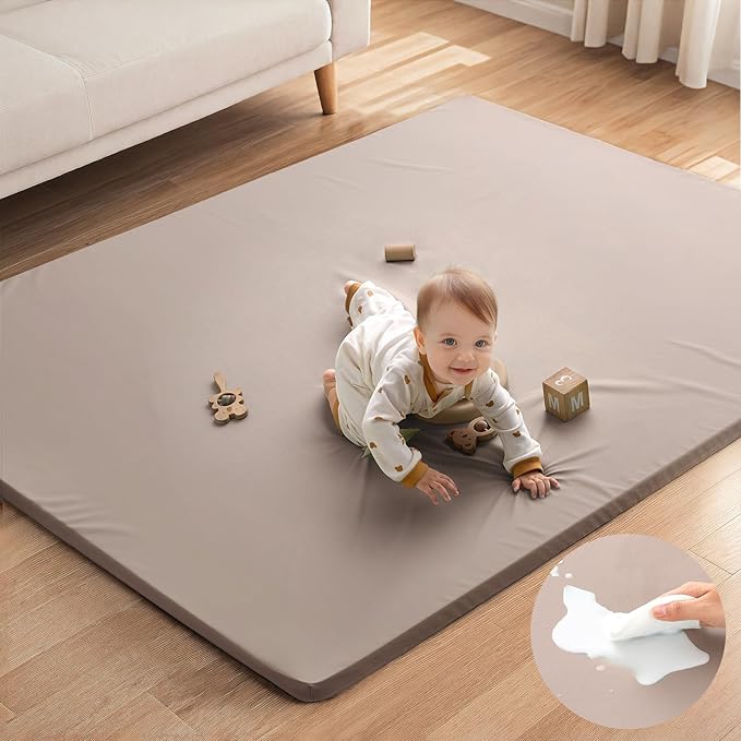 Blissful Diary Vegan Leather Baby Play Mat, 71x59 Thicken Foam Cushioned & Waterproof Playpen Mat for Infants and Toddlers, Stylish and Just Wipe-Clean Playmat for Baby Play on Floor, Taupe