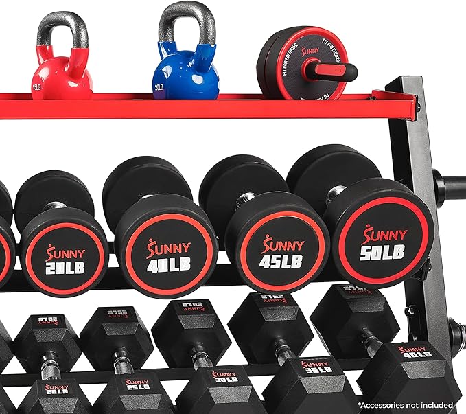 Sunny Health & Fitness Multi-Weight Storage Rack Stand for Dumbbells, Kettlebells, Olympic Weight Plates, Barbell, Medicine Ball