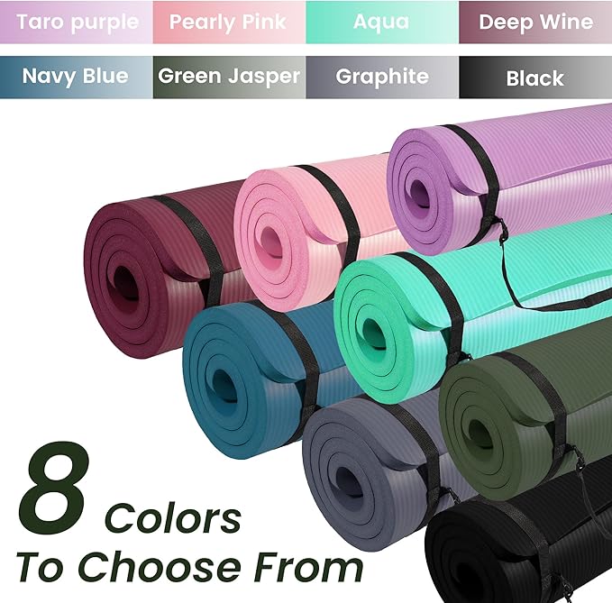 Signature Fitness 71x24 Inches Extra Thick Yoga Mat 1-Inch High-Density Foam – Roll-Up Exercise Pad with Double-Sided Non-Slip Surface and Carrying Strap for Pilates and Home Workouts, Multiple Colors