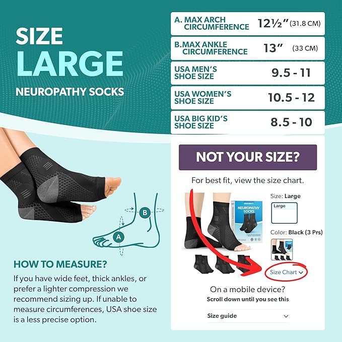 BraceAbility Neuropathy Socks (3 Pairs) - Multipack Peripheral Compression Diabetic Toeless Foot Sleeves for Nerve Damage in Feet, Ankle Gout, Plantar Fasciitis Relief for Men and Women (L - Black)