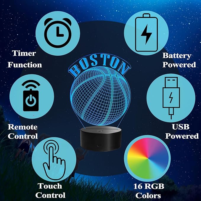 Basketball Night Light, Boston Gifts for Boy, 3D Illusion Lamp with Remote Control, 16 Colors Changing, RGB Flashing Mode and Dimmable, Gifts for Boys Christmas Decor (Boston)