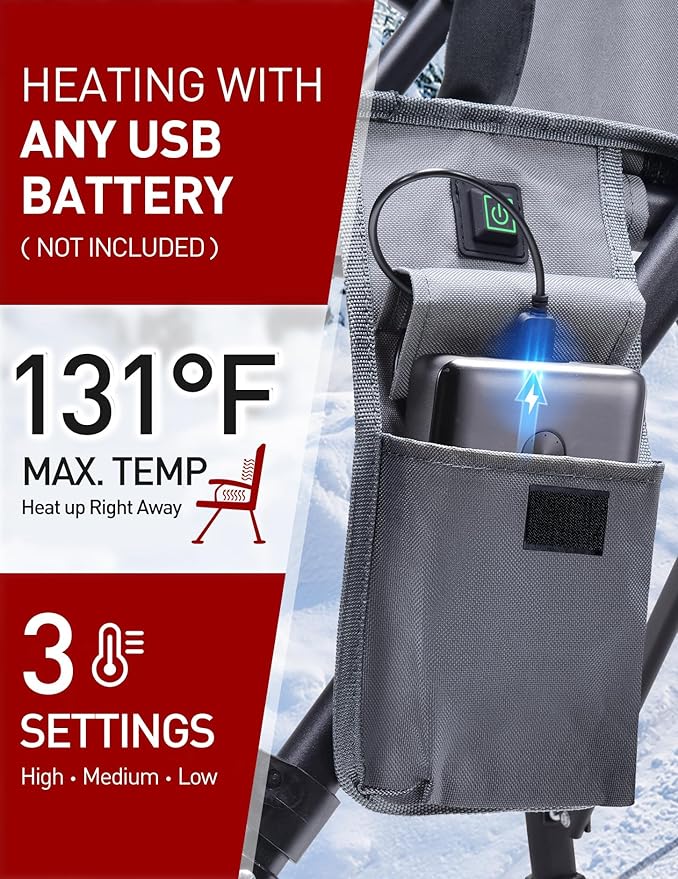 Docusvect Heated Camping Chair for Adults, Heats Back and Seat, 3 Heat Levels, Fully Padded Heated Folding Chair for Outdoor Sports with Cup Holder, Rich Pockets, Battery NOT Included