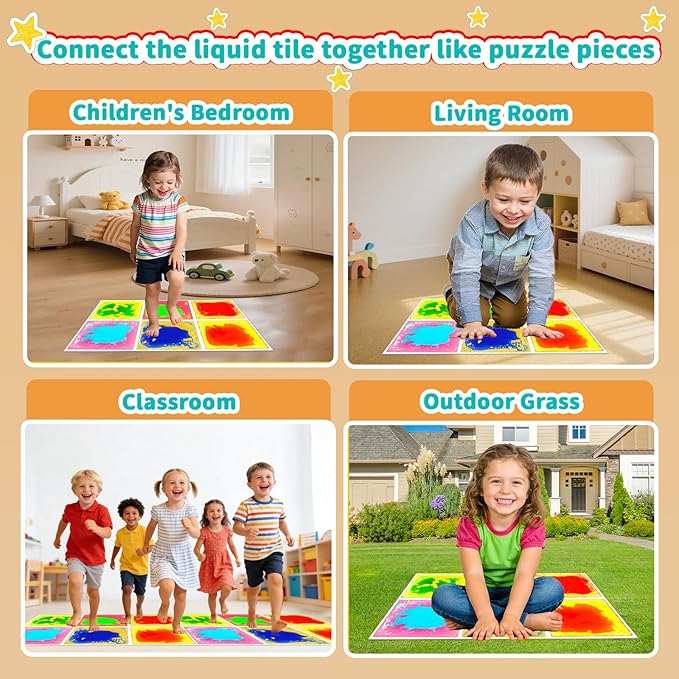Sensory Floor Tiles Liquid for Kids: Motion Activity Play Mat 12x12 Inch Non-Toxic Anti-Slip Leakproof - 6 Colorful Pads Tactile Exploration & Visual Tracking Toys for Toddlers/Autism Room