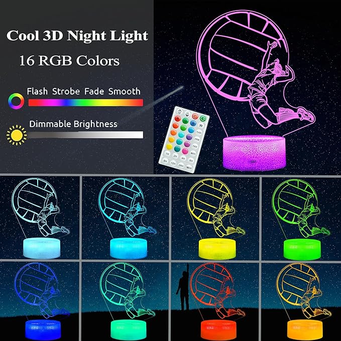 Volleyball Gift for Girls, 3D Night Light, 16 Colors Changing, Remote Control with Timer, RGB Flashing Mode and Dimmable, Volleyball Lamp for Christmas Birthday Decor