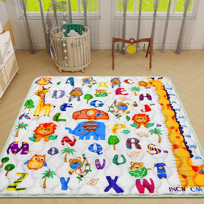 Baby Gyms Playmats for Playpen, 50"×50" Safari Zoo Alphabet Play Mat Waterproof ABC Learning Mat Jungle Themed Nursery Floor Playyards Thicken Soft Polyester Padding for Toddlers Infants