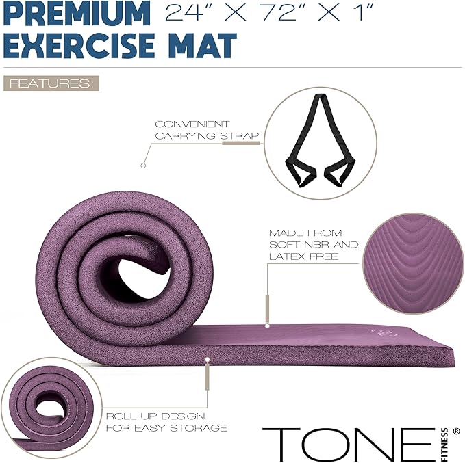 Tone Fitness 1-Inch Thick Yoga Mat | High-Density, Non-slip Exercise Mat with Carrying Strap for Yoga, Pilates, & Home Gym Workouts | Multiple Options