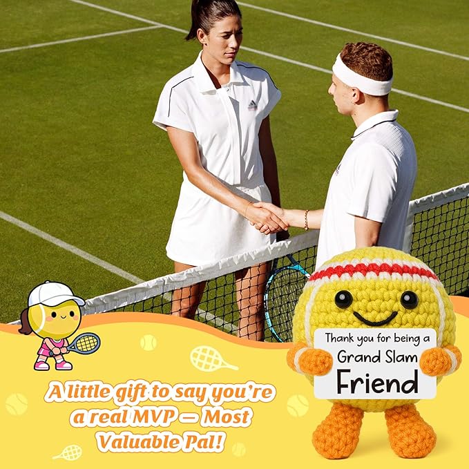 Mini Positive Crochet Tennis Ball Gifts for Women Men - Handmade Crochet Tennis Ball, Motivational Encouragement Christmas White Elephant Gift for Tennis Balls Lover Coworker Friend Coach