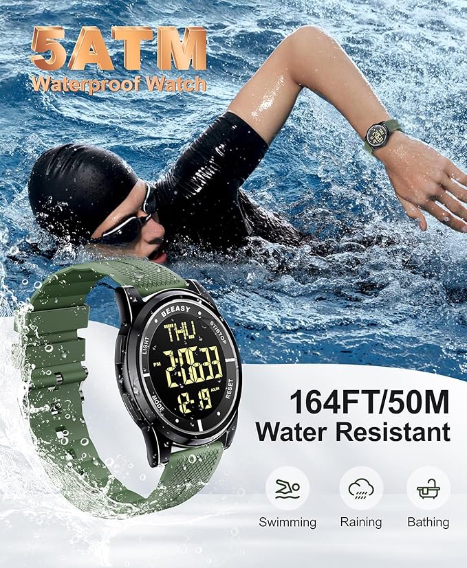 Beeasy Digital Watch for Men Women, 50M Waterproof, Ultra-Thin & Lightweight, 44mm Silicone Sports Watch with Alarm, Stopwatch, Countdown, Ideal for Gym, Running, School, Daily Wear