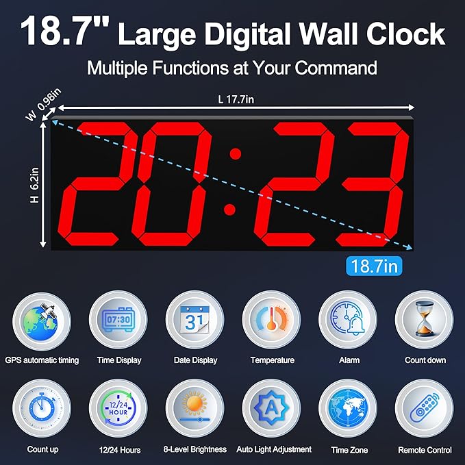 CHKOSDA Digital Clock with Large Display 18.7 Inch, GPS Auto-Sync Time, Wall-Mounted with Remote Control, Ideal for Classroom Use