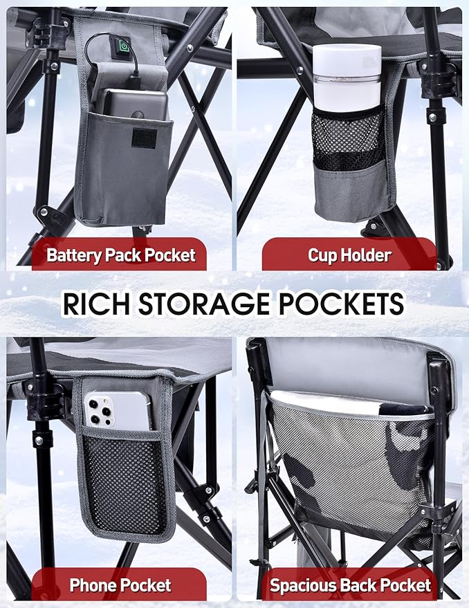 Docusvect Heated Camping Chair for Adults, Heats Back and Seat, 3 Heat Levels, Fully Padded Heated Folding Chair for Outdoor Sports with Cup Holder, Rich Pockets, Battery NOT Included