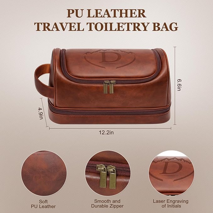 Mens Toiletry Bag for Travel,PU Leather Travel Toiletries Bag,Waterproof Toiletry Shaving Kit for Men,Personalized Gifts for Men Father's Day Birthday (D)