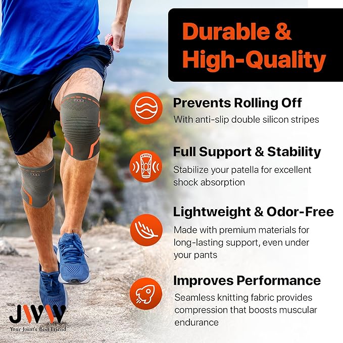 JWW Plus Size Knee Compression Sleeve for Big Thighs, 2 Pack Knee Brace for Men & Women Knee Pain Relief, Workout Sports Knee Support, Knee Braces for Meniscus, ACL & Arthritis Recovery (Orange, 2XL)