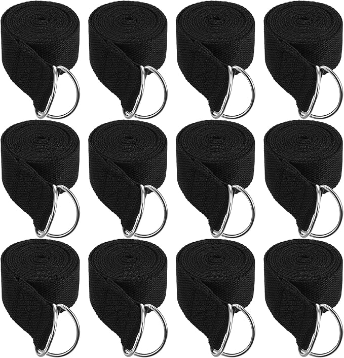 12 Pack Yoga Straps for Stretching, 6 Ft Black Exercise Bands with Adjustable D Ring Buckles for Pilates, Gym Fitness, Flexibility Training, Men Women