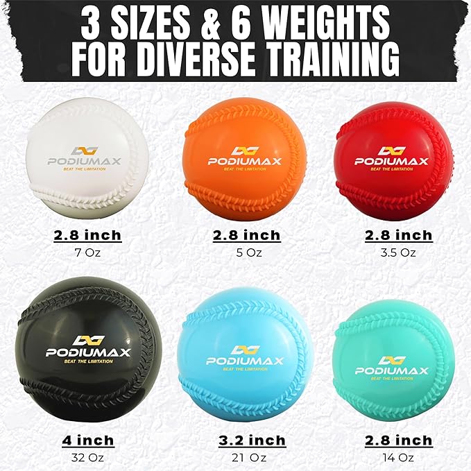 PodiuMax Plyometric Weighted Baseballs 6 Pack, 32 21 14 7 5 & 3.5oz Plyo Balls, Weighted Baseballs for Hitting & Pitching, Softball & Baseball Training