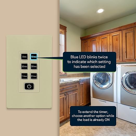 TOPGREENER 2-Hour Countdown Timer Switch, 5-10-20-30 Min 1-2 Hour Settings, for Fans and Lights, LED Indicator, 120VAC 60Hz, 1/2HP, 150W LED, Neutral Wire Required, UL Listed, TGT06-2H-RT-I, Ivory