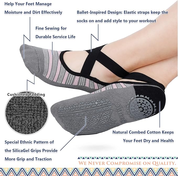 Ozaiic Pilates Socks for Women Non Slip Grip, Yoga Socks with Grippers for Barre, Hospital, Ballet, Dance, Barefoot Workout