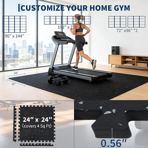 0.56" Thick 48 Sq ft Exercise Mats,12 Tiles Rubber Top 24"X24" Interlocking Puzzle Gym Flooring with High Density EVA Foam for Home Gym & Heavy Weight Workout,Black/Grey