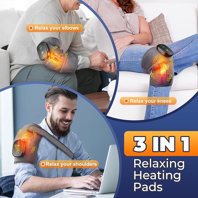Cordless Heated Knee Massager, FSA Eligible 3-in-1 Wearable Wrap for Knee, Elbow and Shoulder, 5000mAh Rechargeable Heat and Vibration Massager, Gray, 1 Pack