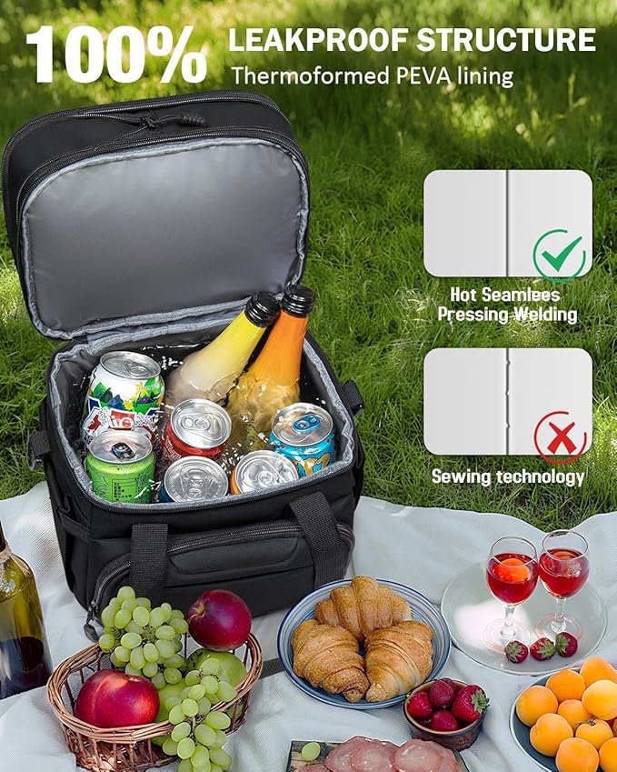 Large Lunch Box for Men Work - 24 Can Expandable Insulated Lunch Bag Double Deck, Heavy Duty Leakproof Cooler Bag with Shoulder Strap for Construction Office Outdoor, Black 14L