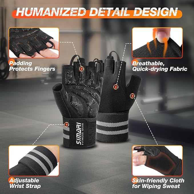 SIMARI Workout Gym Gloves for Men Women, Weight Lifting Gloves with Wrist Wrap Support, SBR Pad Grip for Full Palm Protection, for Exercise, Fitness, Dumbbells, Barbell, Climbing, Fingerless