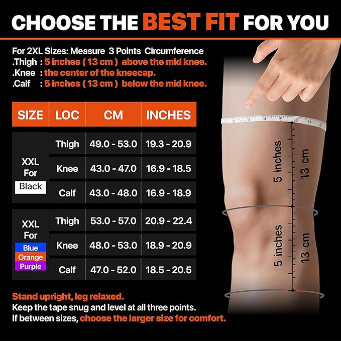 JWW Plus Size Knee Compression Sleeve for Big Thighs, 2 Pack Knee Brace for Men & Women Knee Pain Relief, Workout Sports Knee Support, Knee Braces for Meniscus, ACL & Arthritis Recovery (Orange, 2XL)