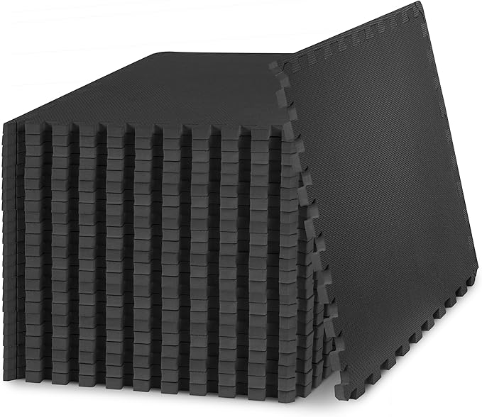 ProsourceFit Weaved Pattern Extra Thick Exercise Puzzle Mat ¾-inch, EVA Foam Interlocking Tiles for Protective, Cushioned Flooring for Home and Gym Equipment; Black, 96 SQ FT, 24 Tiles