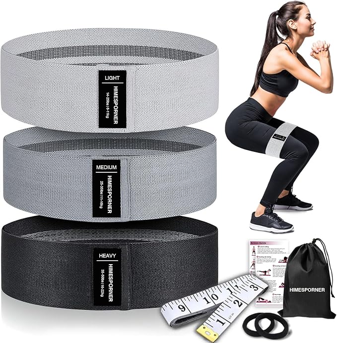 HIMESPORNER Wide Fabric Resistance Bands for Working Out, 3 Level Non-Slip Exercise Booty Bands for Women & Men Leg and Glutes with Hair Ties and Tape Measure - for Home Gym Workout, Yoga, Pilates