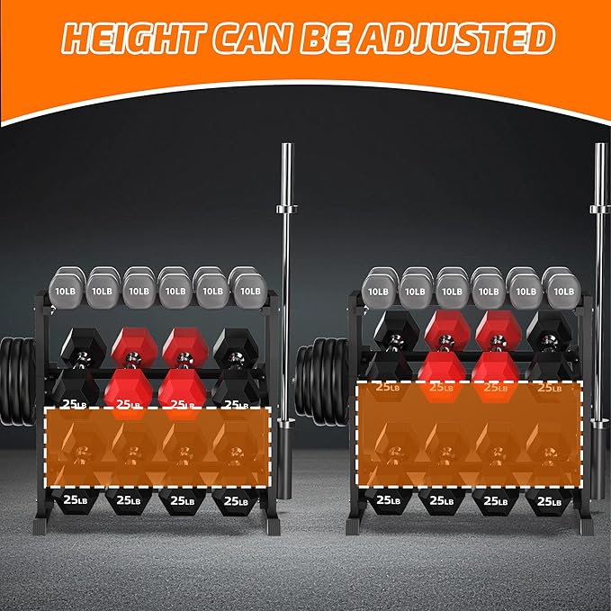 PLKOW Adjustable 3-Tier Dumbbell Rack with Barbell & Weight Plate Storage for Home Gym, Heavy Duty Steel Weight Rack Stand, Angle Height Width Adjustable Gym Organizer