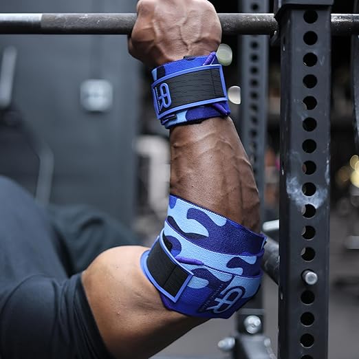 PR Personal Record Elbow Wraps for Weightlifting - Heavy Duty Construction, 25% More Elasticity, Reinforced Stitching, Extra Wide Fastener, Easy to Adjust, (Blue Camo)
