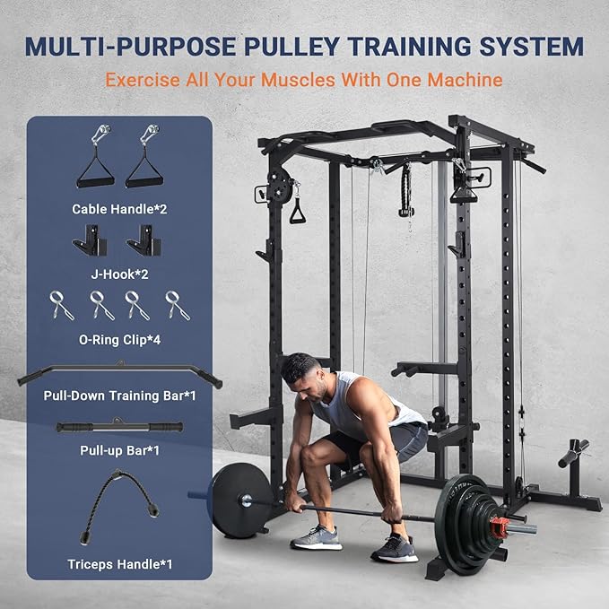 2000 LBS Power Cage,All in One Squat Power Rack with Dual Pulley Cable Crossover System,Heavy-Duty Steel Construction Squat Rack for Strength Training Home gym