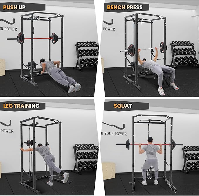 GarveeLife Power Cage, Multi-Function Squat Rack with LAT Pulldown, 1600 LBS Weight Capacity Fitness Power Rack with Cable Pulley System and j-Hooks, Dip Bars and Landmine Attachment for Home Gym