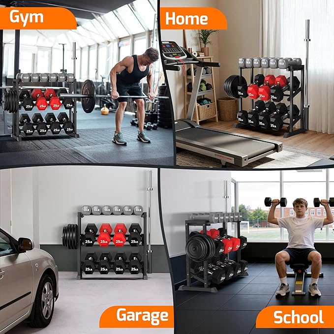 PLKOW Adjustable 3-Tier Dumbbell Rack with Barbell & Weight Plate Storage for Home Gym, Heavy Duty Steel Weight Rack Stand, Angle Height Width Adjustable Gym Organizer