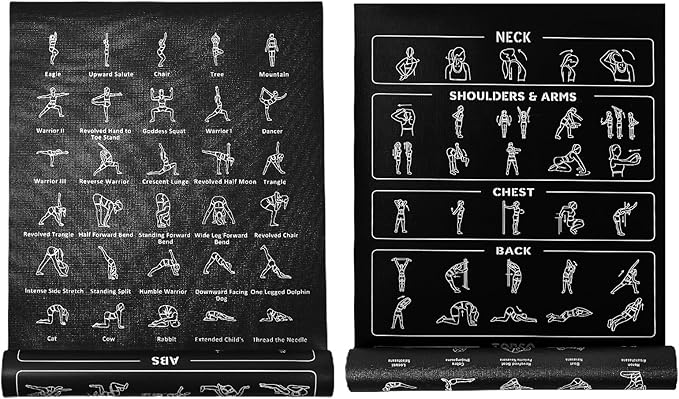 Instructional Travel Yoga Mat with 75 Poses & Exercises - Christmas Gifts for Wife and Girls, Non-slip Exercise Mat for Home Workout, Includes Carrying Bag, 68"x24"x0.25"