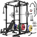 JELENS C12 Squat Rack for Home Gym, 2000LBS Power Rack with Adjustable Pulley System, Power Cage Workout Equipment with LAT Pulldown and Training Attachment