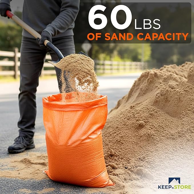 Heavy Duty Sand Bags Pack of 5, Bright Orange Empty Sandbags with Built-In Ties, Woven Polypropylene UV Protection 1600 Hours, Fillable Bags for Flood Control, Weight, 18x24 inches, 60 Pounds Volume