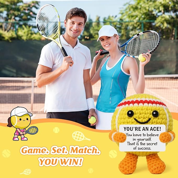 Mini Positive Crochet Tennis Ball Gifts for Women Men - Handmade Crochet Tennis Ball, Motivational Encouragement Christmas White Elephant Gift for Tennis Balls Lover Coworker Friend Coach