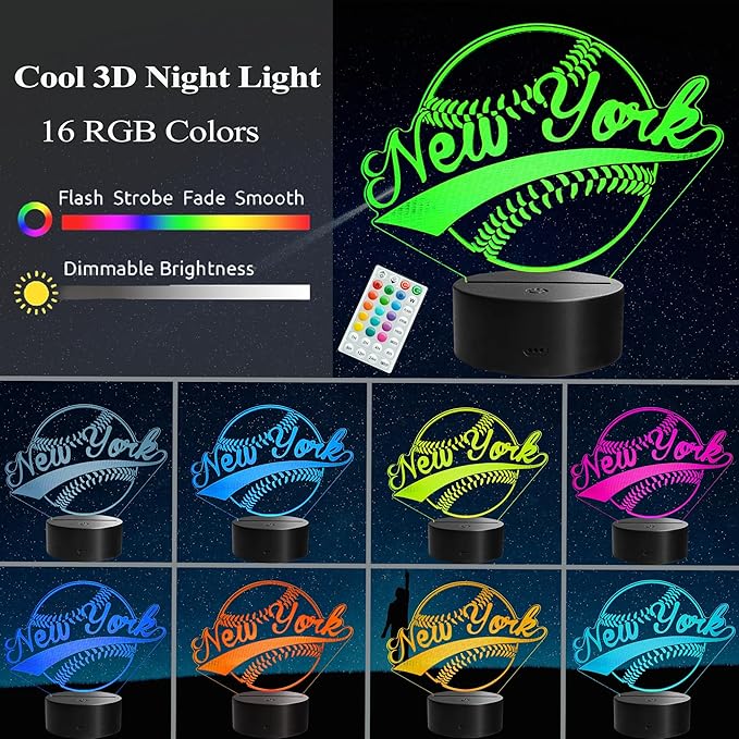 Baseball New York Night Light, NY Baseball Sport Gifts for Boy, 3D Illusion Lamp with Remote Control, 16 Colors Changing, RGB Flashing Mode and Dimmable, Gifts for Boys Christmas Decor
