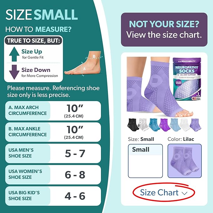 BraceAbility Neuropathy Socks (Pair) - Peripheral Neuritis Compression Diabetic Toeless Foot Sleeves for Nerve Damage Pain in Feet, Ankle Gout, Plantar Fasciitis Relief Brace for Men and Women (Lilac - Standard - 1 Pair, Small)