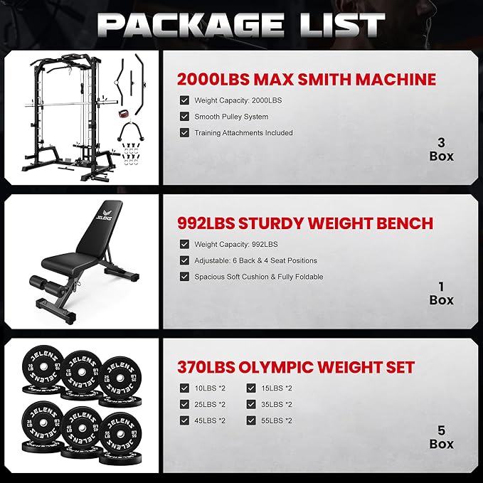 JELENS SR01 Smith Machine, 2000LBS Multi-Function Power Cage with LAT Pulldown System, All-in-One Home Gym Squat Rack with Smith Bar and Training Attachments for Full Body Workouts