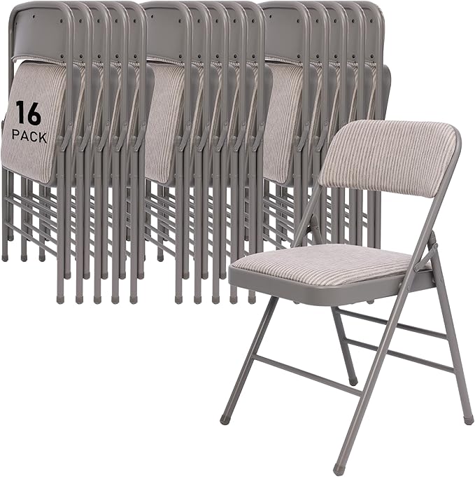 SEALAMB 16 Pack Folding Chairs with Padded Seats & Cushion, Durable Metal Foldable Chairs for Wedding Party, Commercial Chairs for Office School Church Events, 350lb Capacity (Grey-Fabric, 16 Pack)