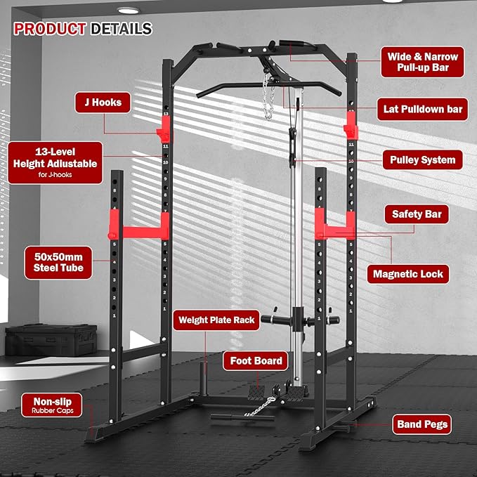 ULTRA FUEGO Power Cage, Multi-Function Power Rack with Pulley System Strength Training for Home Gym, Bench Press Squat LAT Pull-Down Pull-up Rowing, All in One Workout Cage